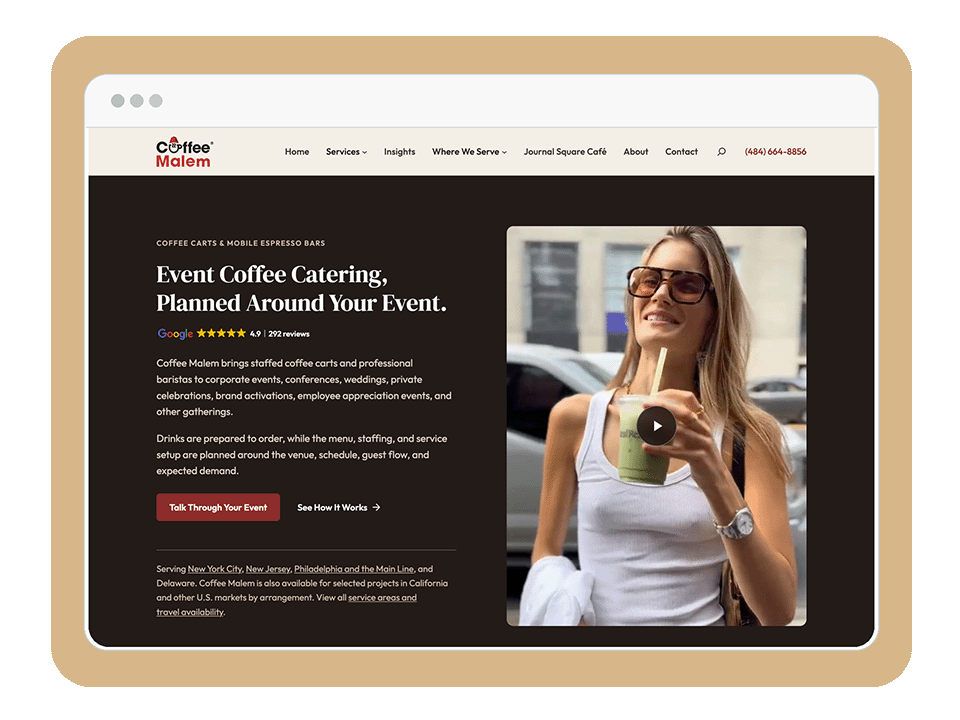 Coffee Malem event coffee catering website, featuring service information and a promotional video.