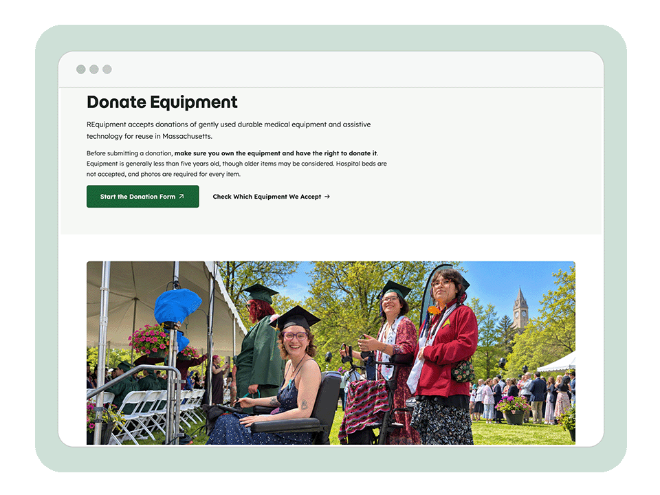 REquipment Donate Equipment page, showing donation instructions, action buttons, and a graduation photograph.