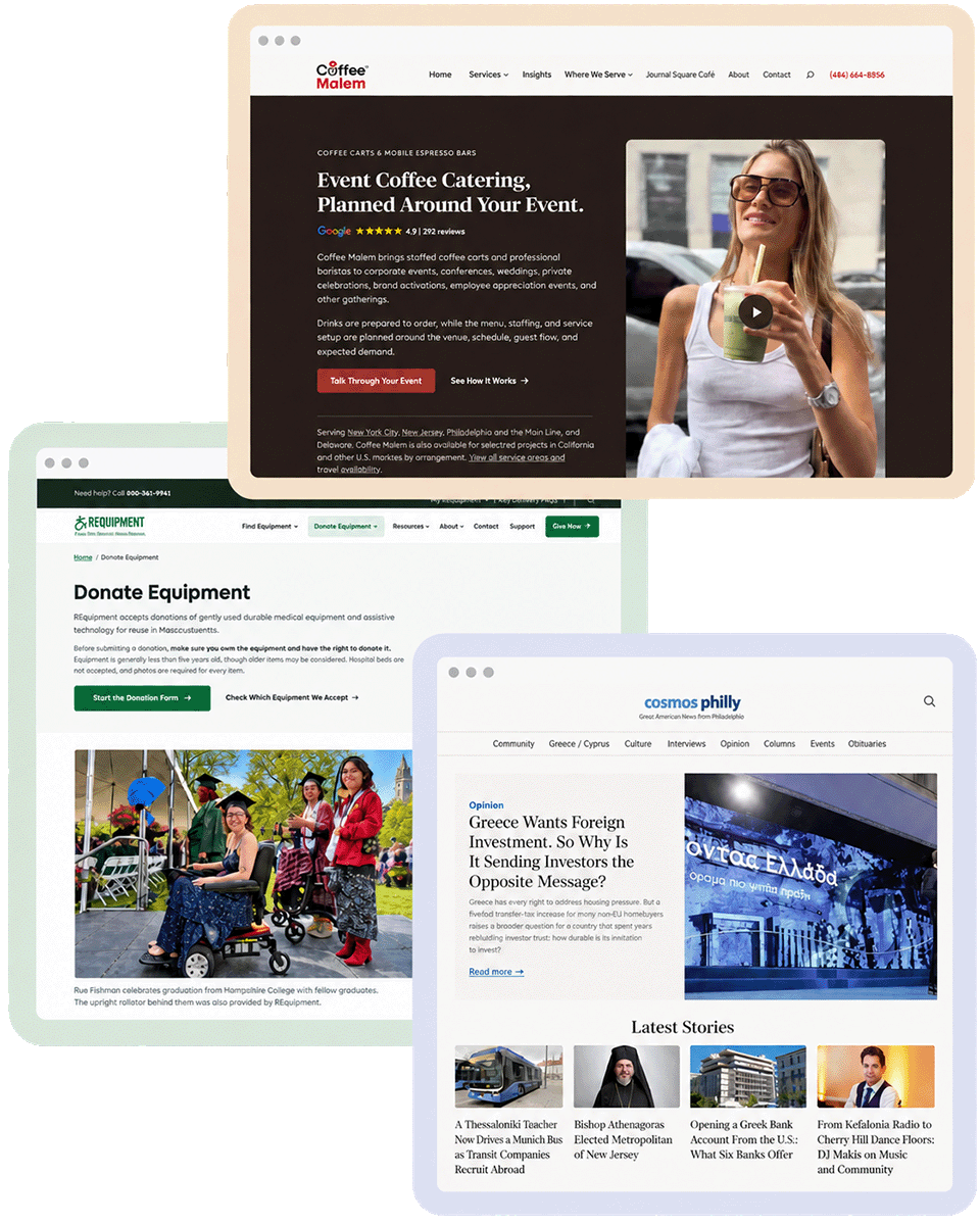 Overlapping website previews of three Enmedia projects: Coffee Malem, REquipment, and Cosmos Philly.